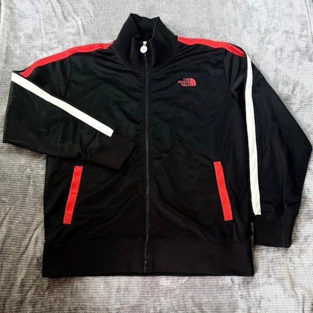 The North Face Mens‎ XL Track Jacket Black Red White Stripe Full Zip Mock Y2K